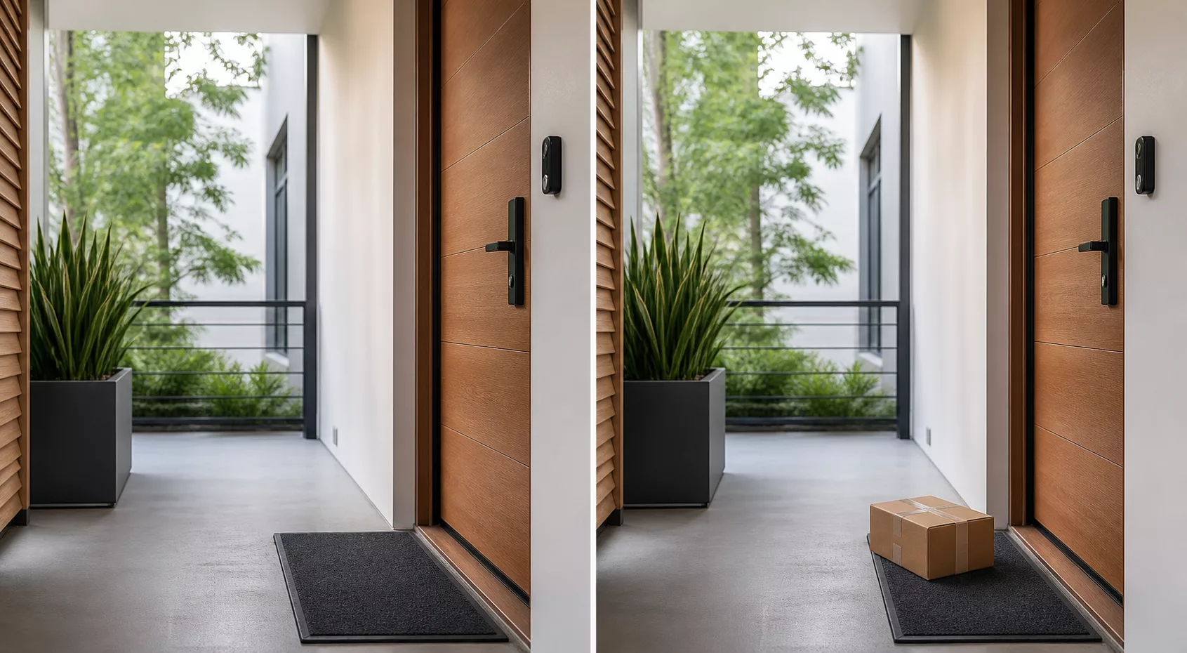 Before and after camera view of a front door, first empty and then with a delivered package.